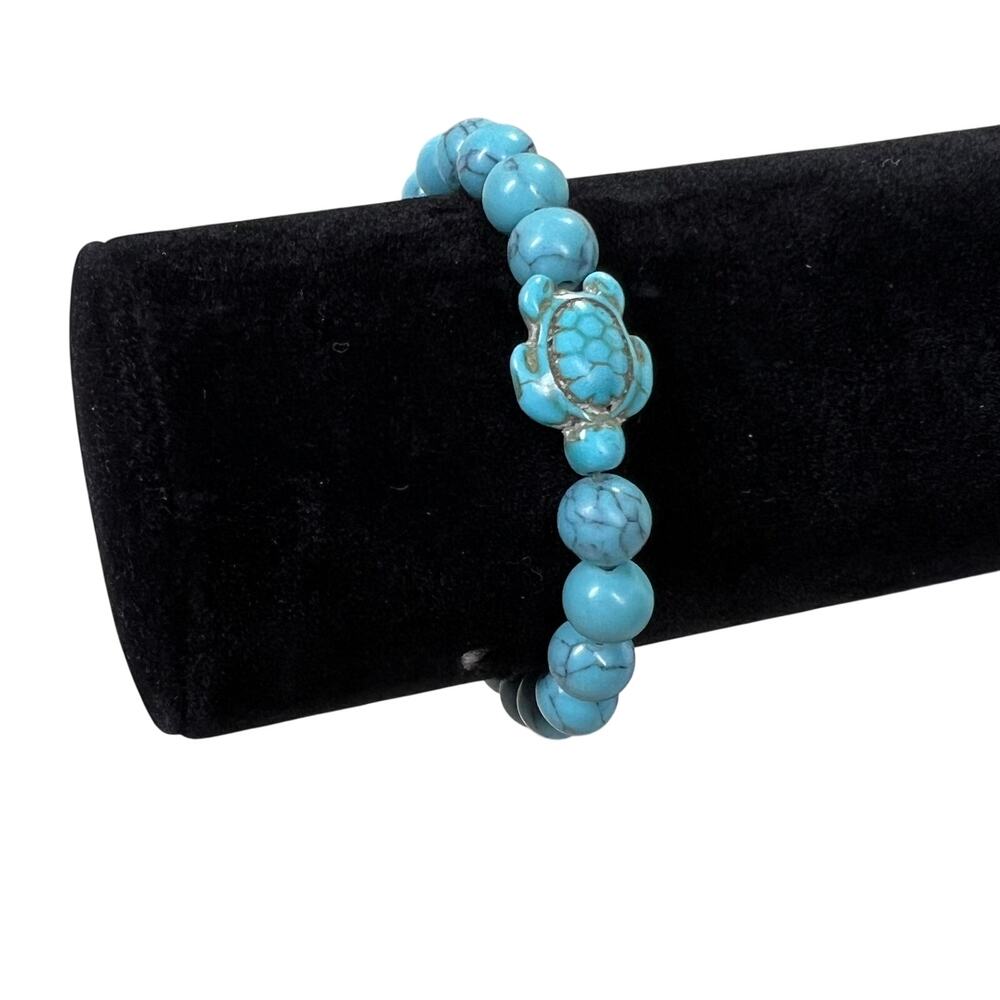 Turquoise Color Turtle Beaded Stretch Bracelet Blue Marbled Sea Life Boho